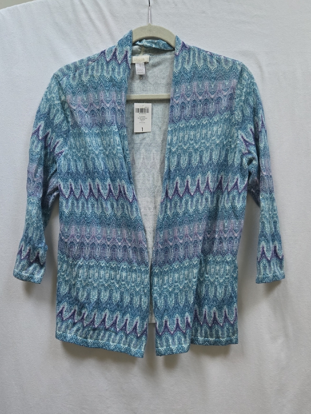 Chico's Blue and Purple Open-Front Patterned Cardigan